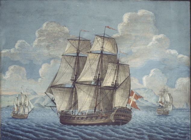 Fregat FREDENSBORG SLOT - kinafarer - Asiatisk Kompagni. Bygget i København 1763-64. Efter gouache af Clement Mogensen Clementsen, ca. 1765.  -